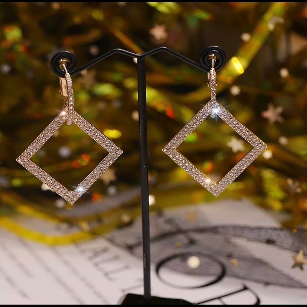 Silver Rhinestone Dangle Earrings - Picture 2 of 7
